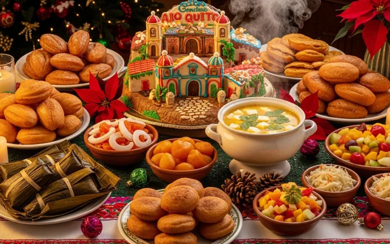 Traditional holiday food table with pio quinto cake, bunuelos, sopa de queso and candied fruits
