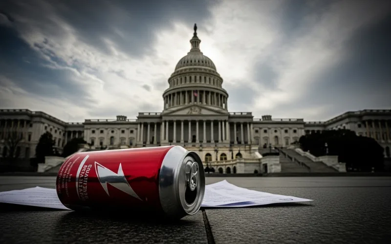 “US Capitol building with energy drink can in foreground, investigation concept, dramatic lighting”