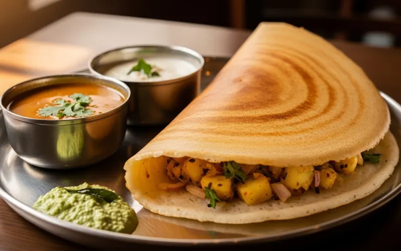 “Masala dosa, sambar, South Indian vegetarian food”