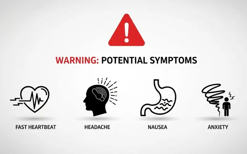 “Medical warning infographic showing symptoms like fast heartbeat, headache, nausea, anxiety icons”