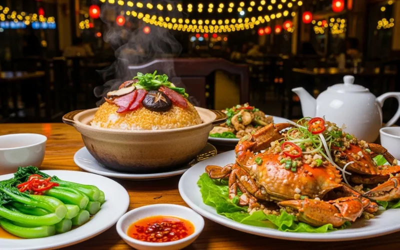 “Salt and pepper crab, Cantonese clay pot rice, night restaurant”