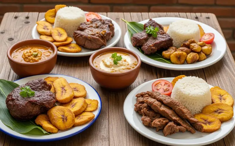 Colombian meat dishes served with rice and plantains