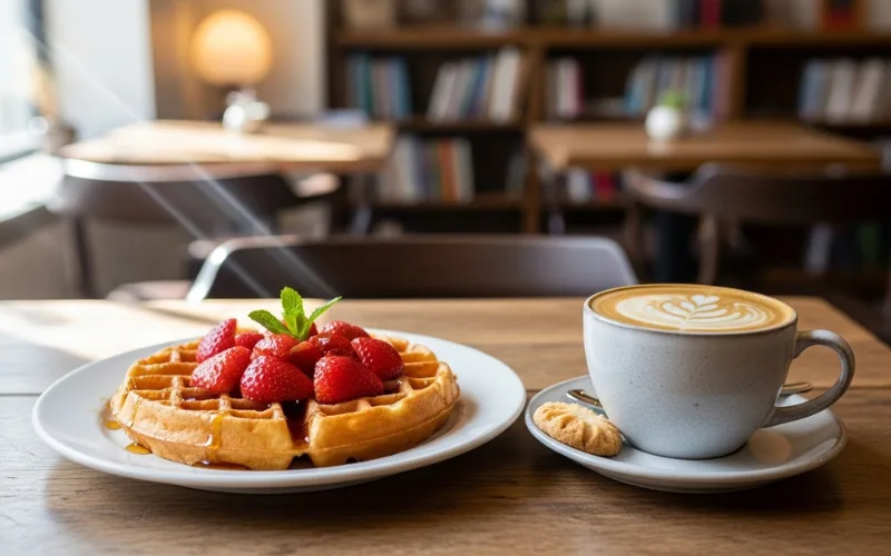 Belgian waffle with strawberries, latte coffee, cozy coffee shop interior