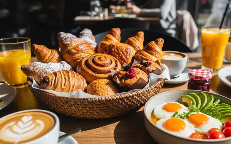 “Pastry basket, eggs, brunch restaurant table”