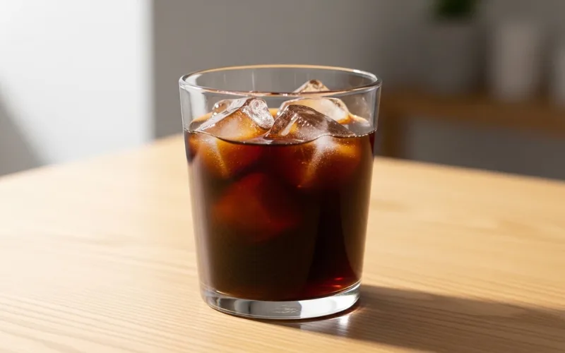 Starbucks plain cold brew in clear cup, minimalistic design, dark smooth coffee, ice cubes, natural light.