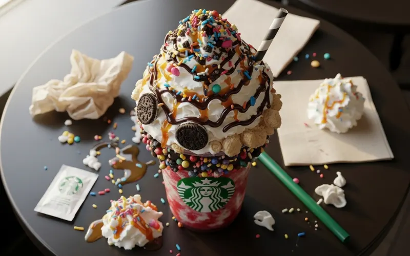 Overloaded Starbucks drinks with whipped cream, overly sweet Frappuccino, messy table.
