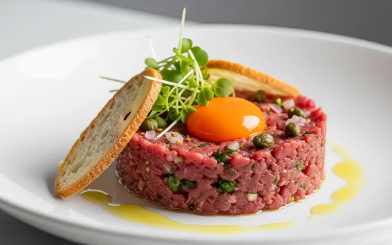 Steak tartare with egg yolk on top, fine dining plating, minimalist background.