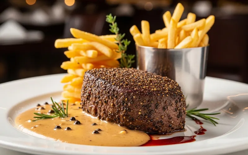 Pepper steak with creamy sauce and fries, elegant bistro plating.