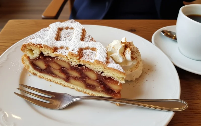 Explain szarlotka apple dessert, its ingredients, and how it is served in Polish cafes.