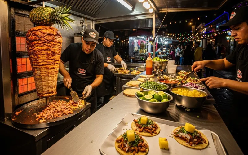 “Al pastor tacos, pineapple, street taco stand, night food truck”