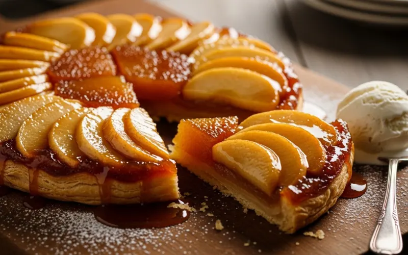 Caramelized upside-down apple tart, golden glaze, warm lighting.