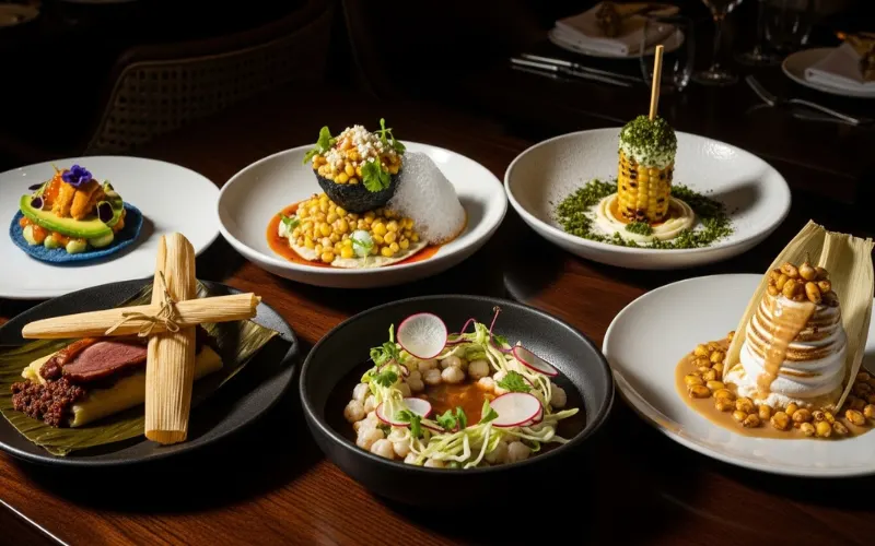 “Mexican fine dining tasting menu, corn based dishes, artistic presentation, dark elegant restaurant”