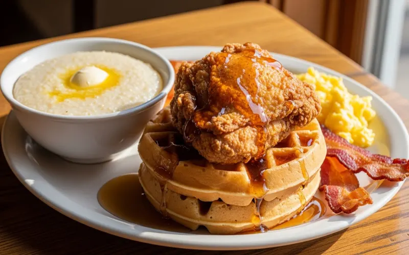 “Chicken and waffles, grits, Southern breakfast plate”