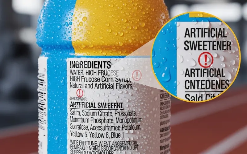 Close-up of colorful sports drink bottle with ingredient label zoomed in, artificial sweetener warning icon