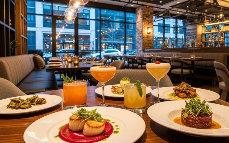 “Modern Nashville Gulch area, upscale restaurant interior, cocktails, stylish food presentation”