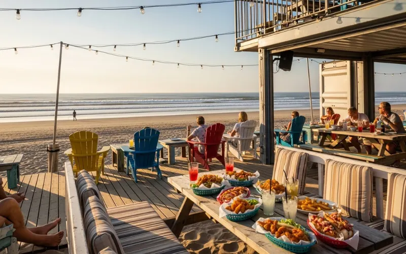Shipping container beach restaurant, colorful seating, seafood baskets, ocean view, casual beach vibe