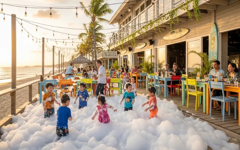 Beachfront family restaurant, foam party, kids playing, colorful outdoor dining