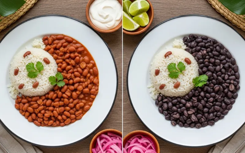 Two plates comparison of gallo pinto using red beans and black beans