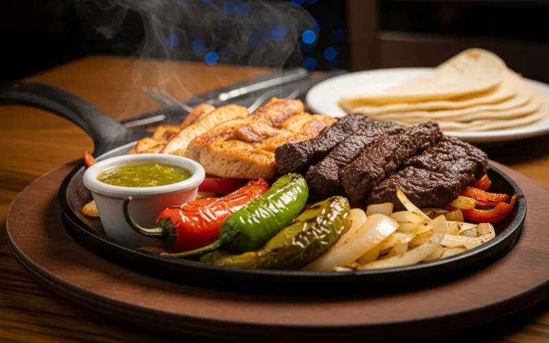 “Tex-Mex fajitas, cast iron platter, warm tortillas, green sauce, restaurant table, cinematic lighting”
