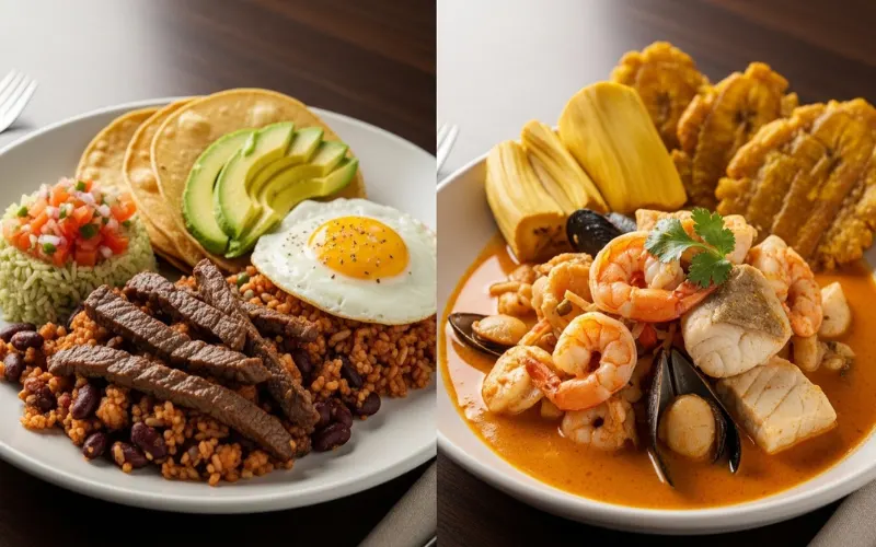 Two plates comparison: Pacific style gallo pinto with beef and tortillas vs Caribbean coconut 