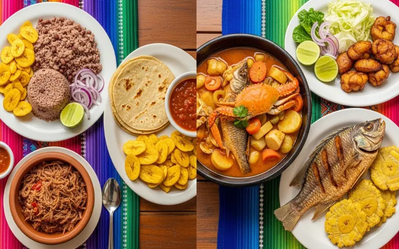 Split food scene showing Pacific Nicaragua dishes with beans, corn tortillas and beef