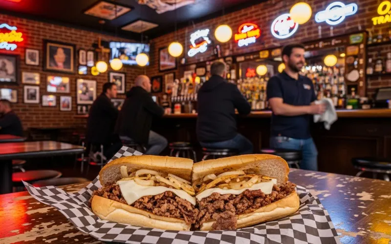 Dive bar restaurant, Philly cheesesteak sandwich, small local bar atmosphere