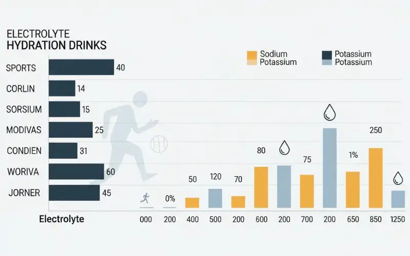 Electrolyte comparison chart showing sodium potassium levels, sports hydration concept