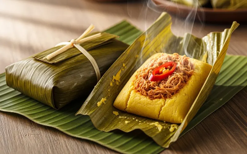 Banana leaf wrapped tamales opened to reveal filling, traditional presentation