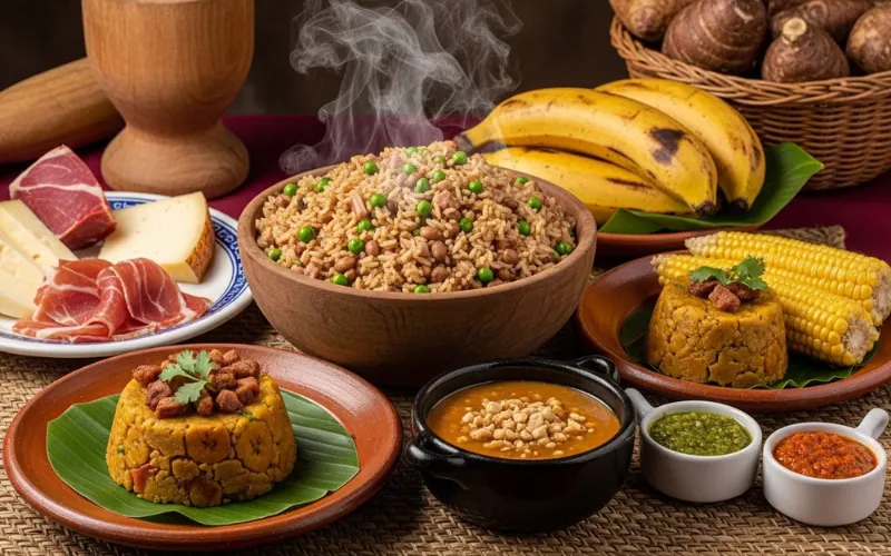 Traditional Colombian food ingredients representing indigenous, Spanish, and African cultures, corn, potatoes, yuca, coconut, meats and spices arranged together
