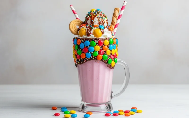 Large decorated milkshake with candy toppings, colorful dessert, Instagram style