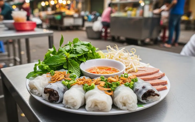“Vietnamese banh cuon steamed rice rolls, simple table, authentic street food”