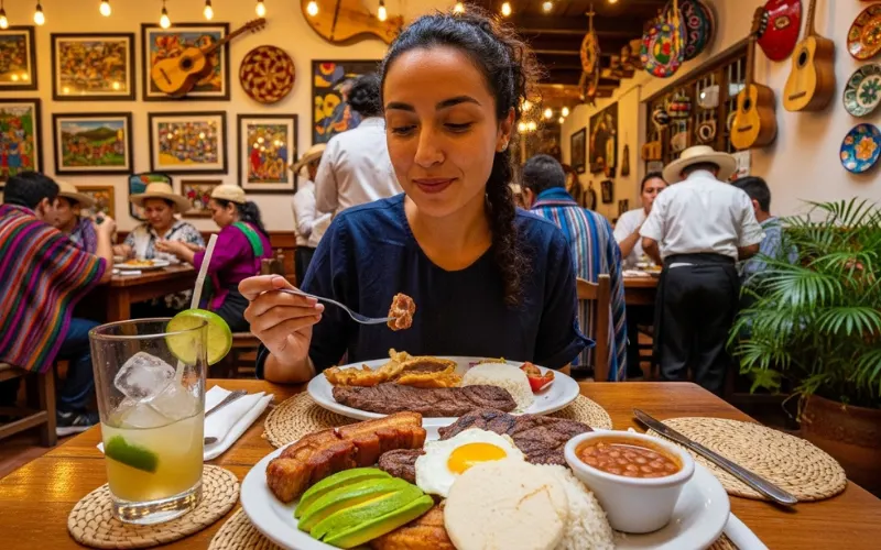 Traveler eating at local Colombian restaurant, authentic experience