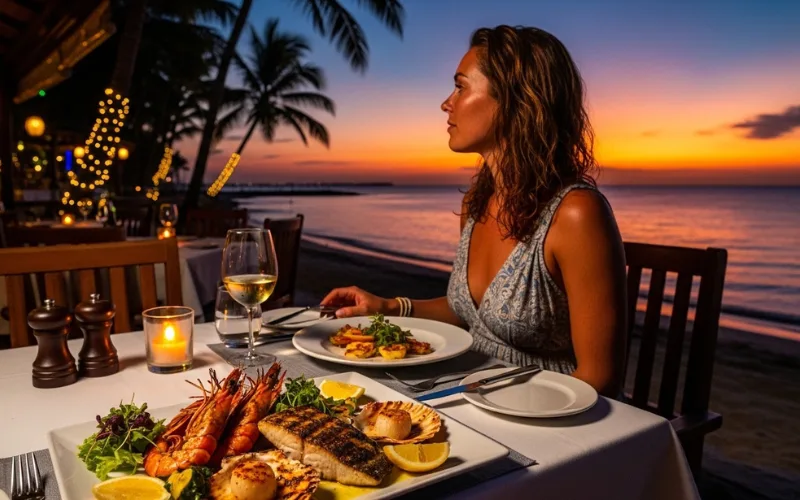 Person dining at beach restaurant, sunset view, seafood plate, relaxed vacation vibe