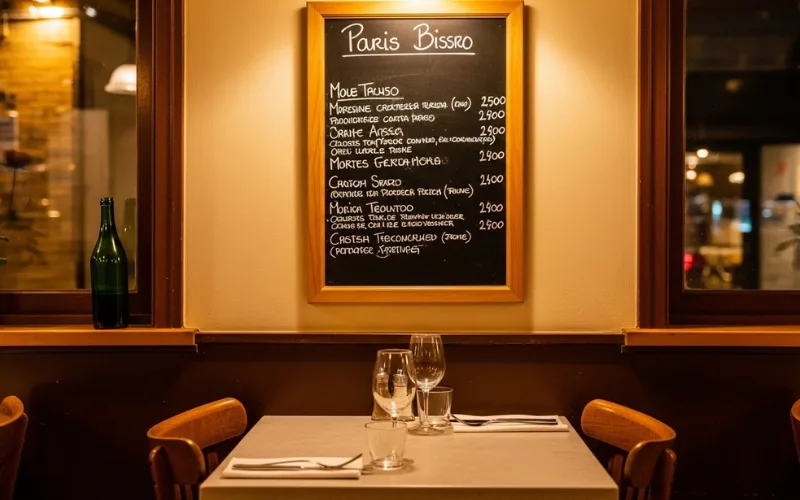 small Paris bistro chalkboard menu, cozy neighborhood restaurant, authentic dining atmosphere.