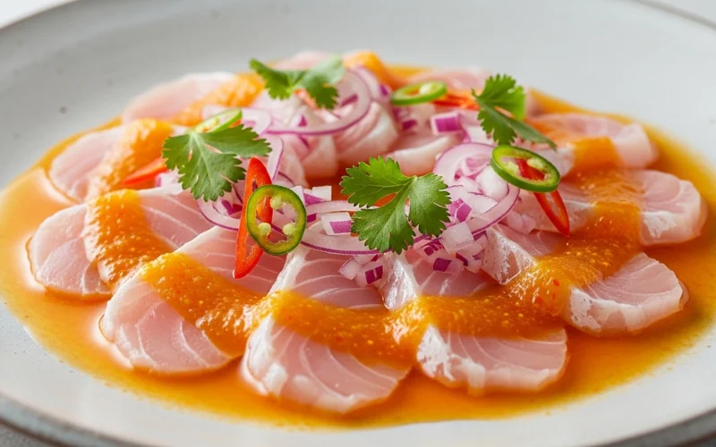 Thin sliced raw fish with spicy citrus sauce, Japanese Peruvian fusion plating