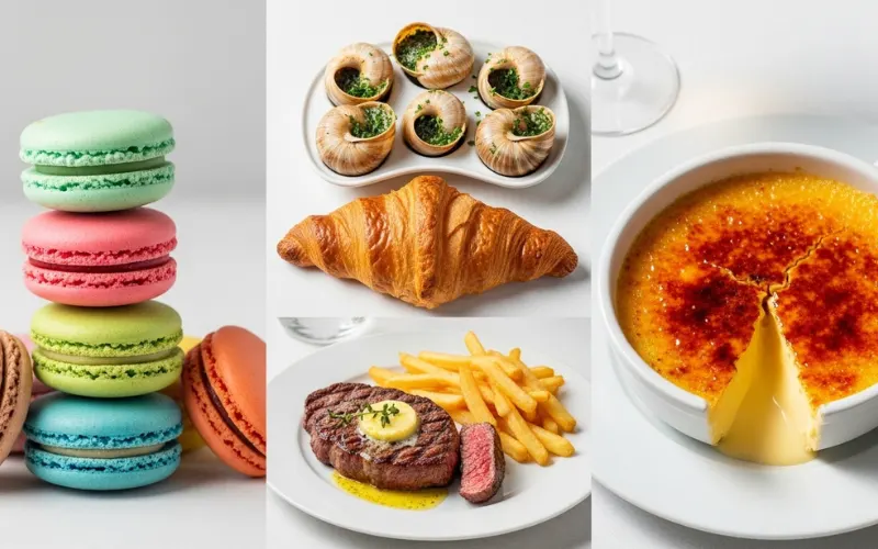 top French foods collage, croissant, escargot, steak frites, creme brulee, macarons, clean layout.