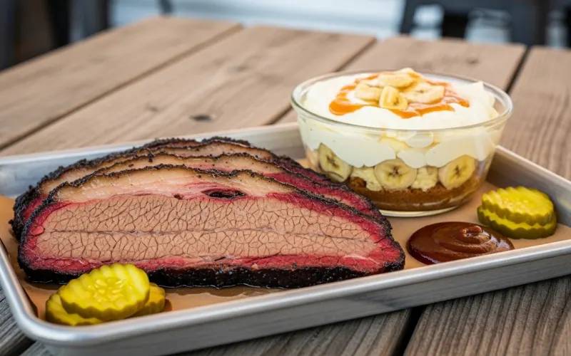 “Brisket slices, banana pudding, BBQ tray, wooden table, Texas BBQ style”