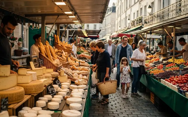 Busy French street market with cheese, bread, fruits, locals shopping, candid lifestyle photography, warm tones.