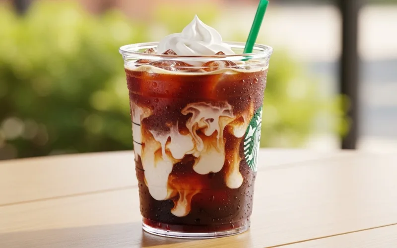 Starbucks Vanilla Sweet Cream Cold Brew, clear cup, swirling cream on top, iced coffee.