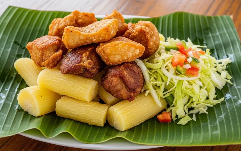 Street food plate of vigoron with boiled yuca, crispy chicharrones