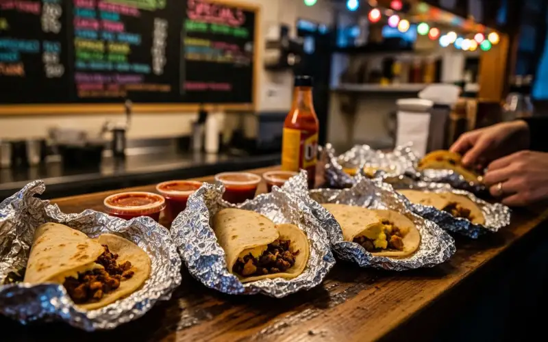 “Breakfast tacos, foil wrapped tacos, small taco shop”