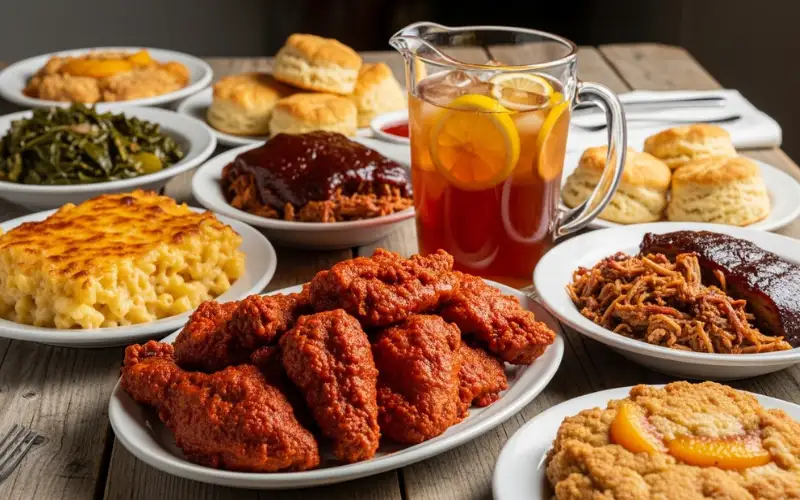 “Table filled with Nashville hot chicken