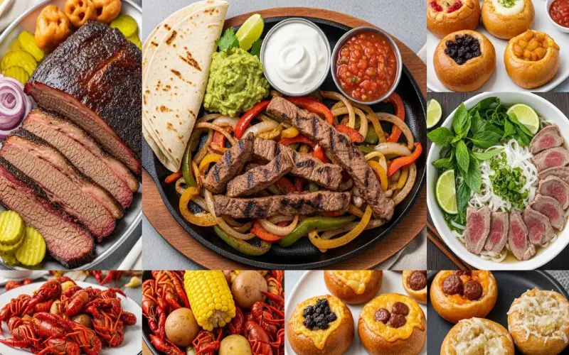 “Tex Mex fajitas, BBQ brisket, crawfish, pho, kolaches, food collage”