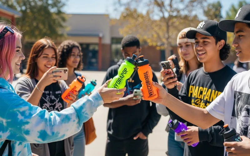 Kids trading colorful sports drink bottles at school