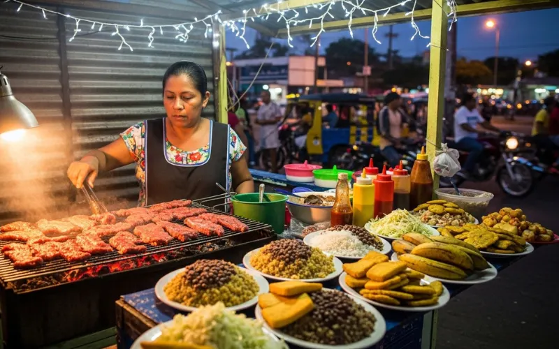 Local Nicaraguan woman grilling carne asada at a small fritanga stall, charcoal grill, street food plates with rice beans and fried cheese, evening street scene