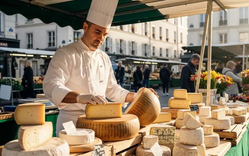 French chef selecting fresh cheese at local market, artisanal food culture, soft morning light, authentic Paris street scene.