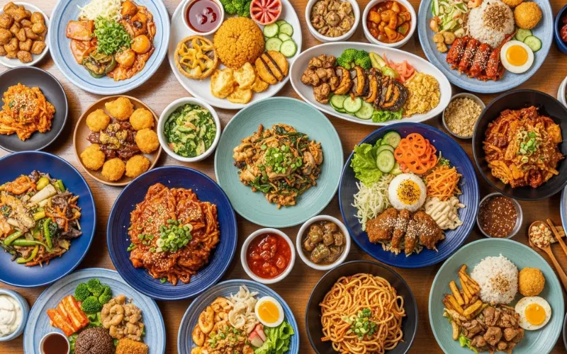 “Los Angeles skyline with famous foods collage, tacos, sushi, pizza, fine dining plates, vibrant travel magazine style”