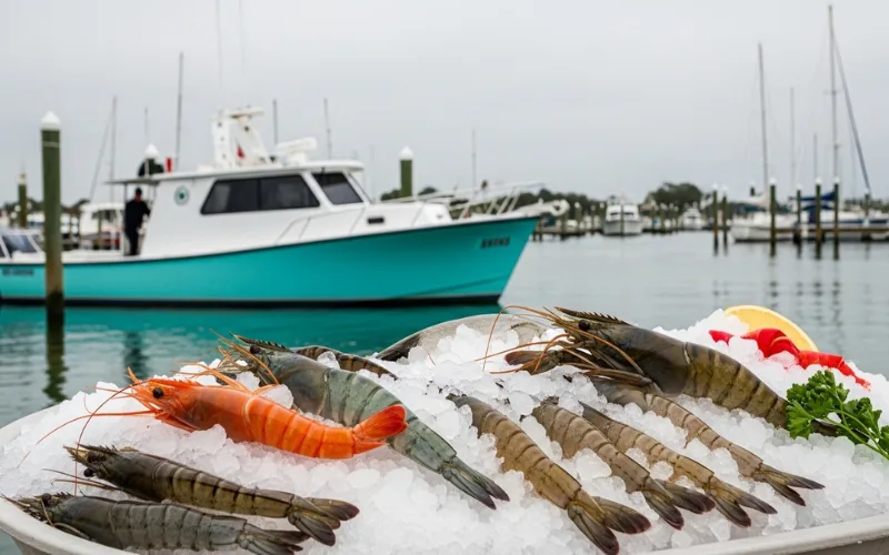 Fresh Gulf seafood on ice, shrimp boat in background, coastal Alabama marina, natural light
