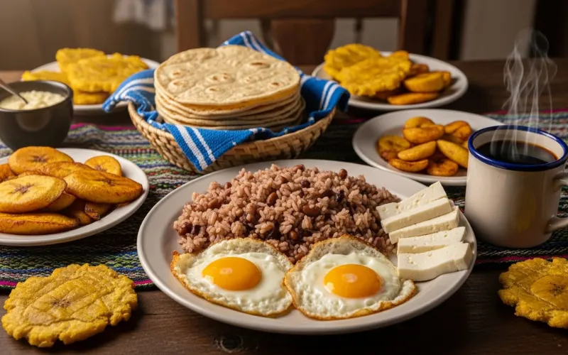 Traditional Nicaraguan daily meal table with gallo pinto, fried eggs, cheese, tortillas, plantains and coffee, rustic breakfast setting