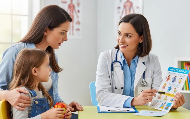 Pediatrician talking to parent and child in clinic, doctor explaining health advice